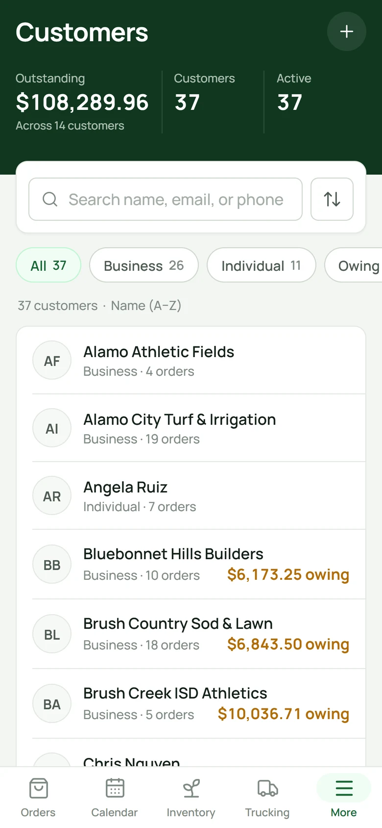 Customers in the Terrace app with what each one owes