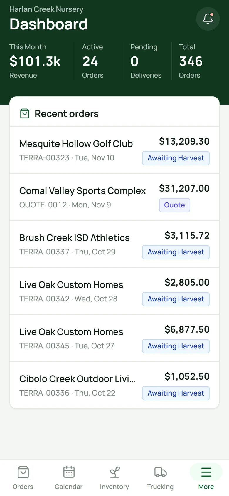 The Terrace app dashboard with this month's revenue and recent orders